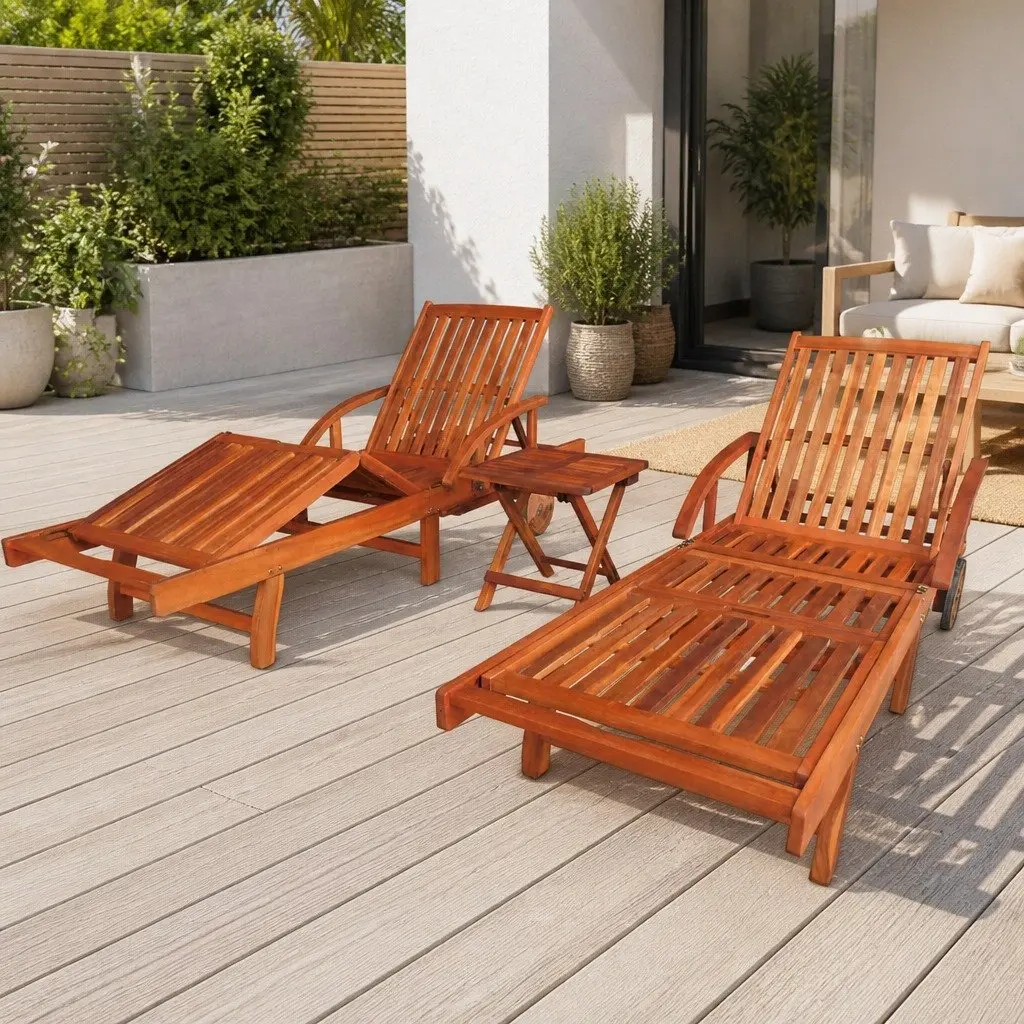 Sun Loungers with Wheels Adjustable Backrest and Footrest 2 pcs Solid Acacia Wood Outdoor Garden Patio Furniture