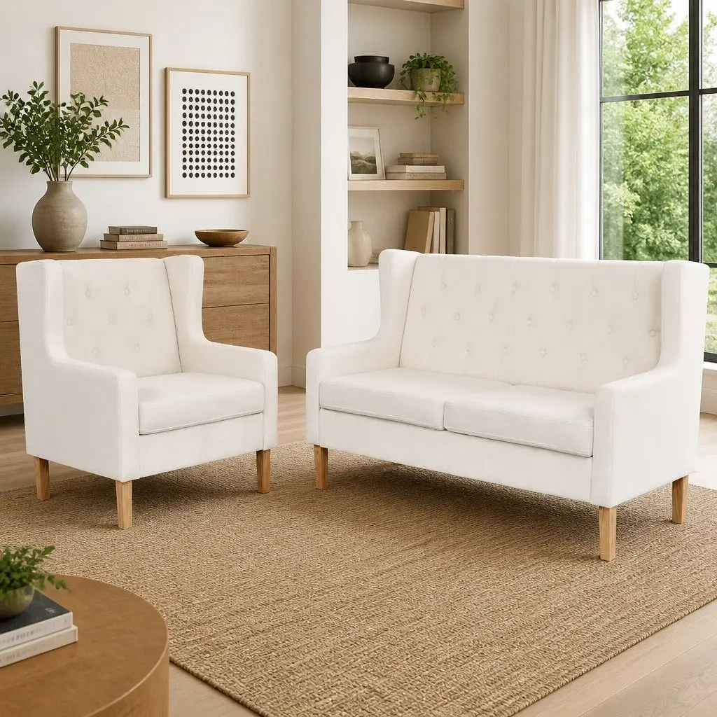 2-Piece Fabric Sofa Set Armchair 2-Seater White Living Room Lounge Suite