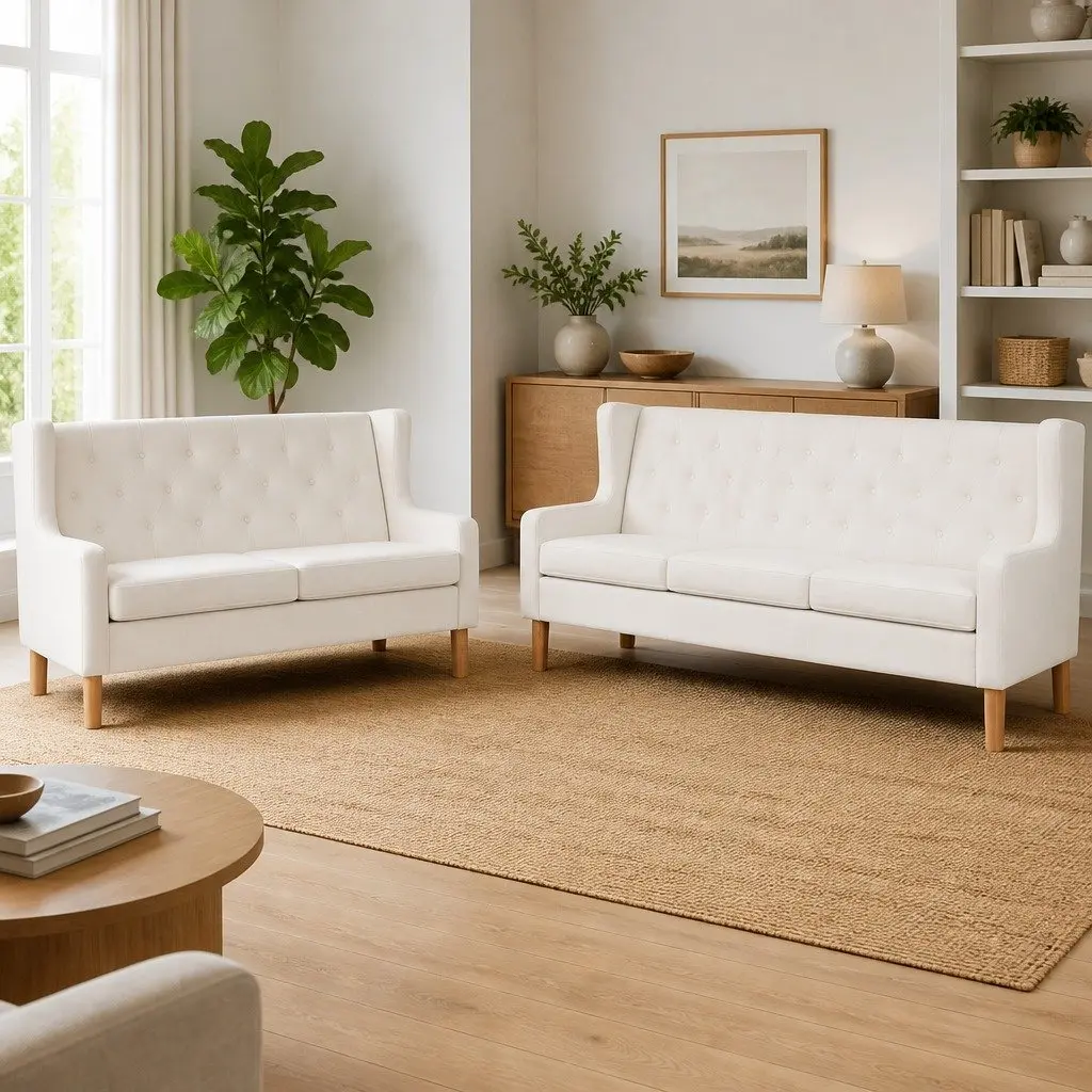 Fabric Sofa Set 2 Pieces White Upholstered 2-Seater 3-Seater