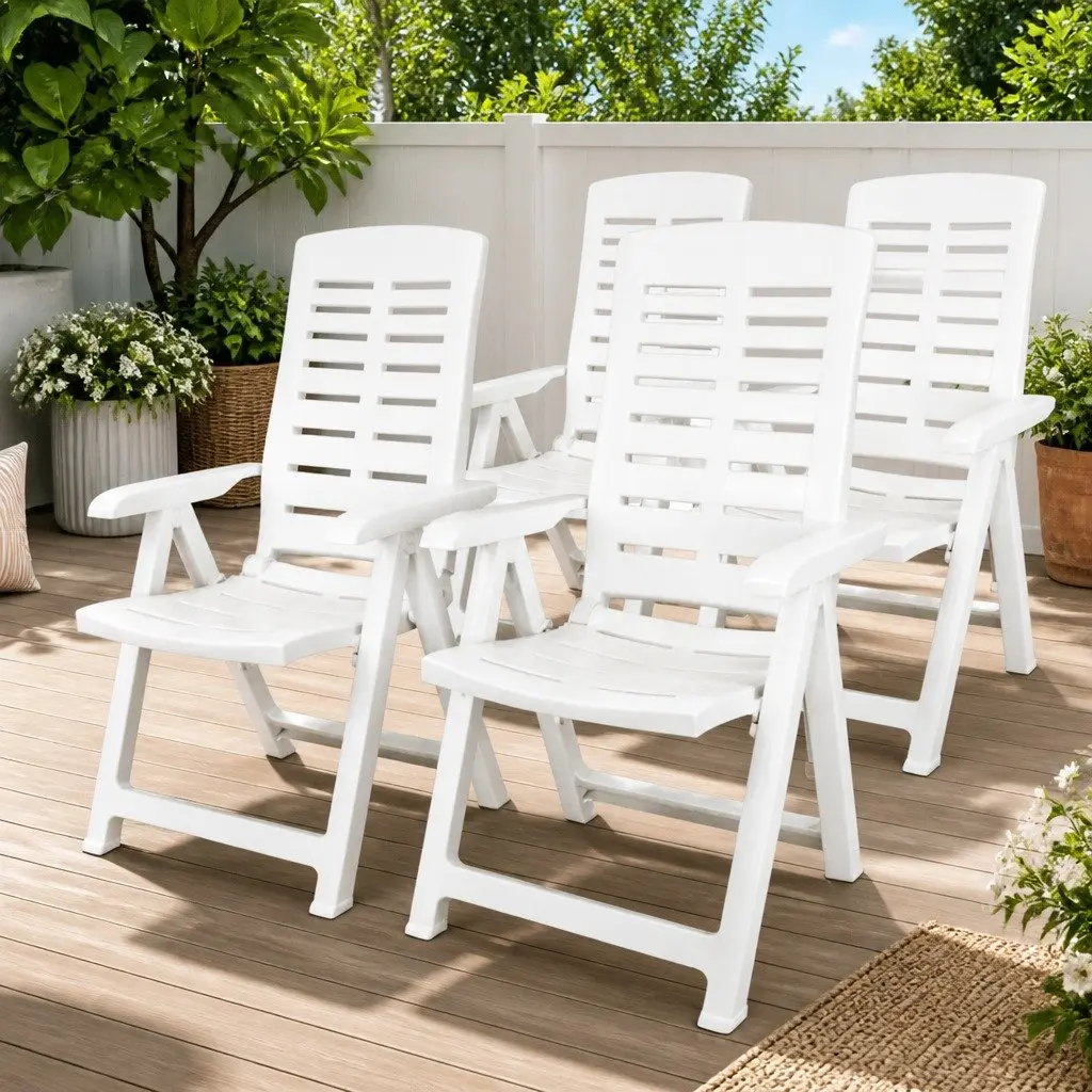 Reclining Outdoor Chairs Set 4 Pcs White Weather-Resistant Lightweight Folding Adjustable