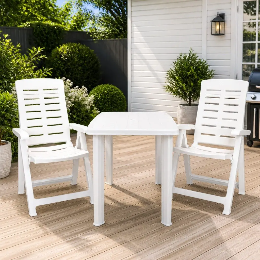 3 Piece Outdoor Bistro Set Weather-Resistant White Garden Patio Dining Table Folding Chairs