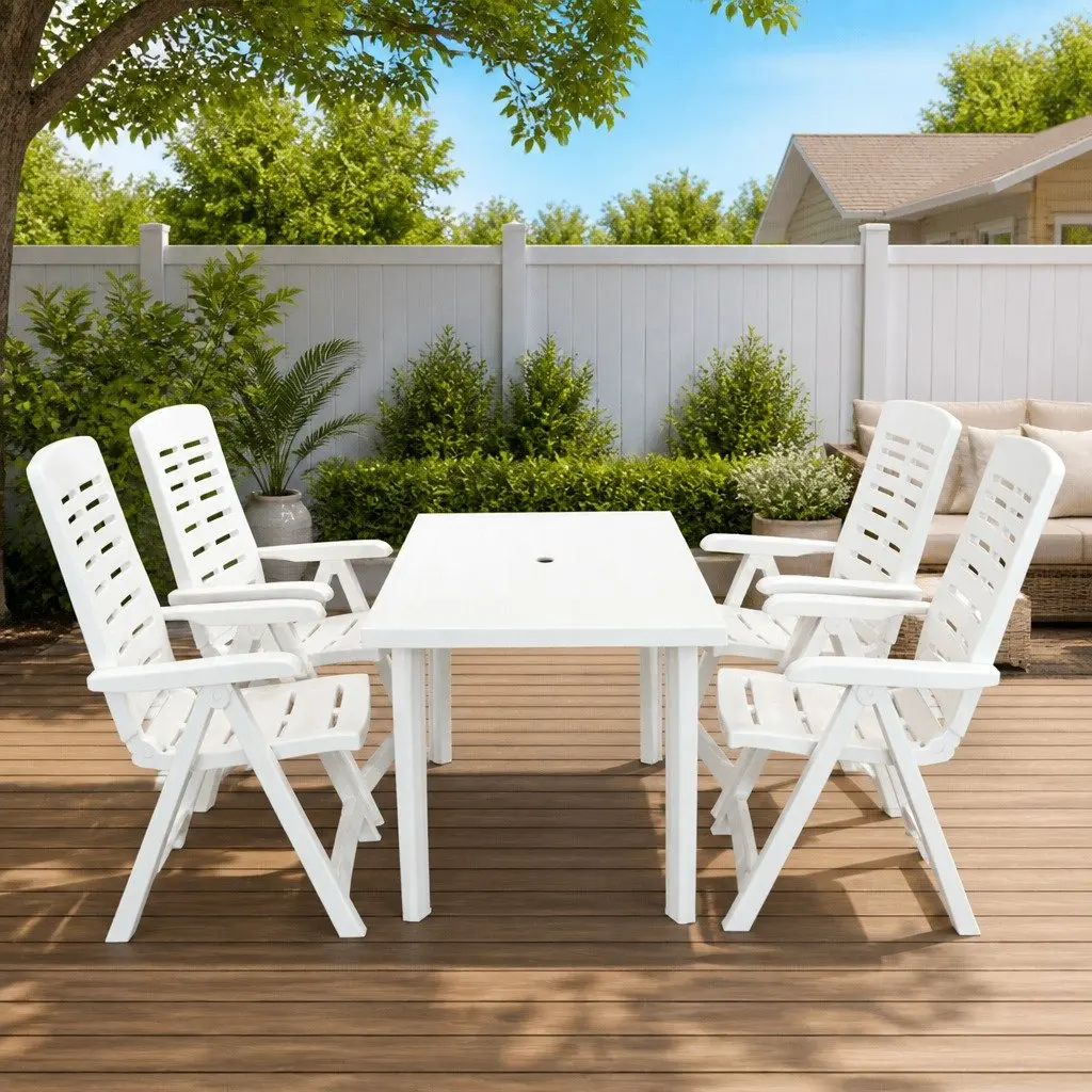 Outdoor Dining Set Folding Reclining 5 Piece White Plastic Table Chairs