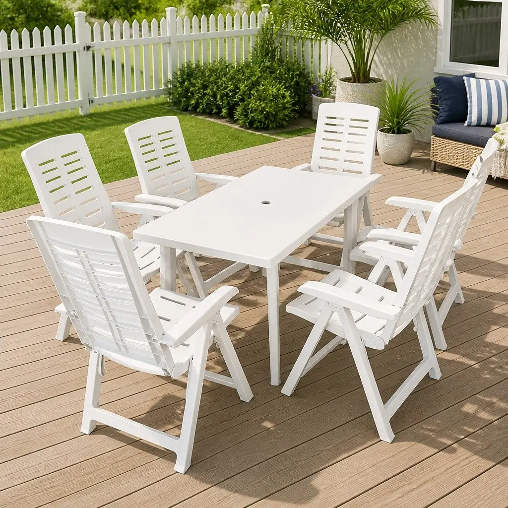 Outdoor Dining Set Weather-Resistant 7 Piece White Plastic Garden Table Folding Chairs