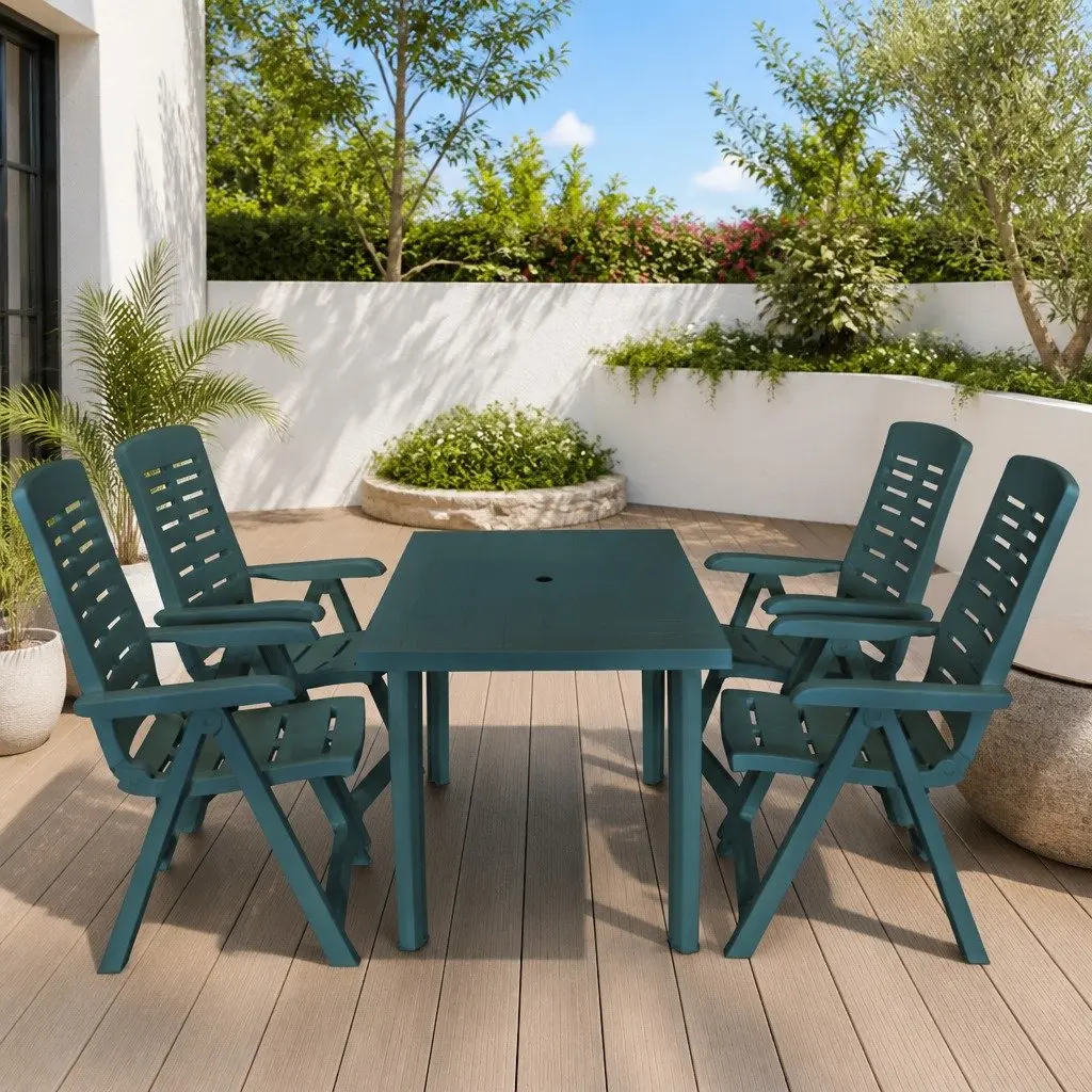5 Piece Outdoor Dining Set Weather Resistant Green Patio Table with Umbrella Hole and Four Folding Chairs