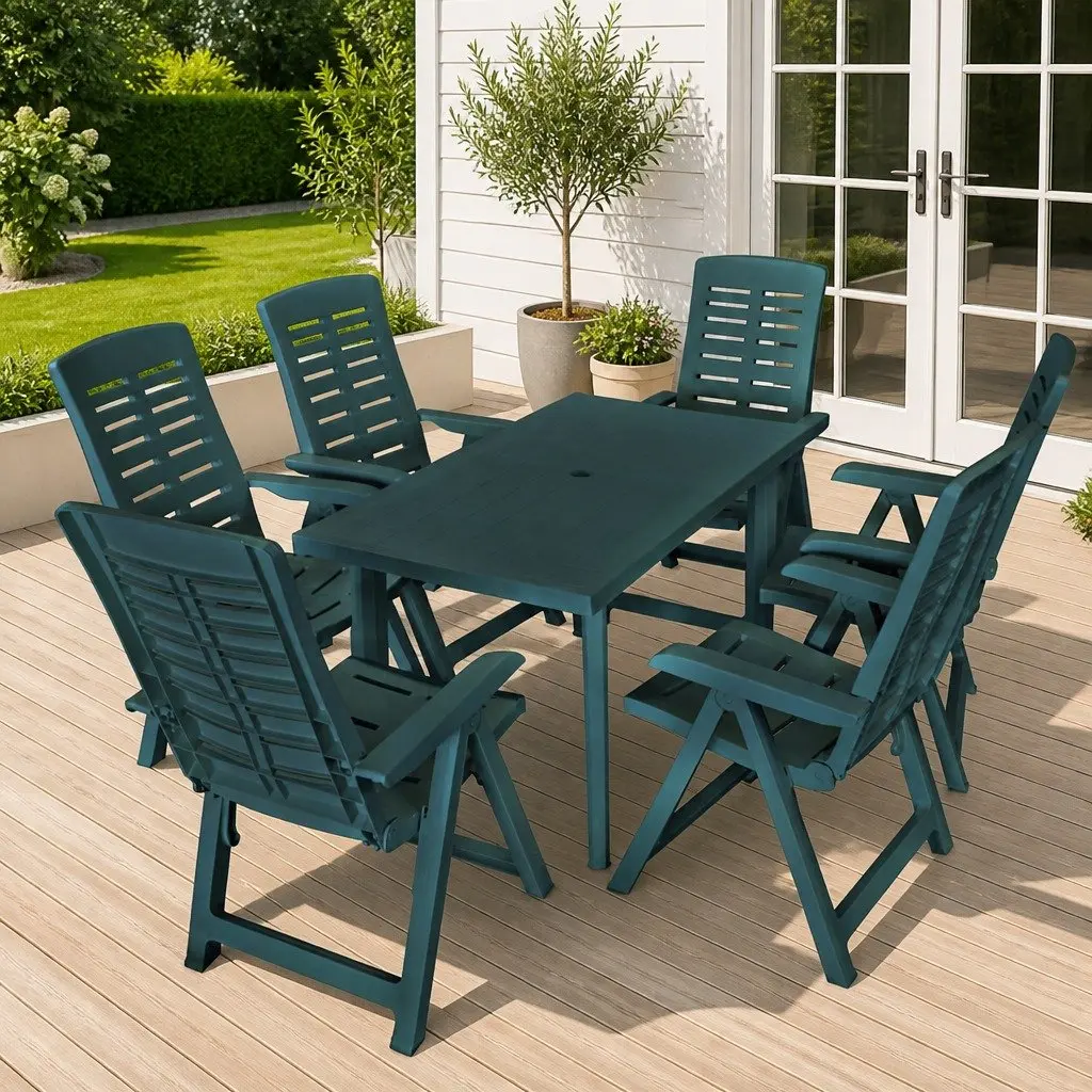 Outdoor Dining Set Folding Chairs Table with Umbrella Hole 7 Piece
