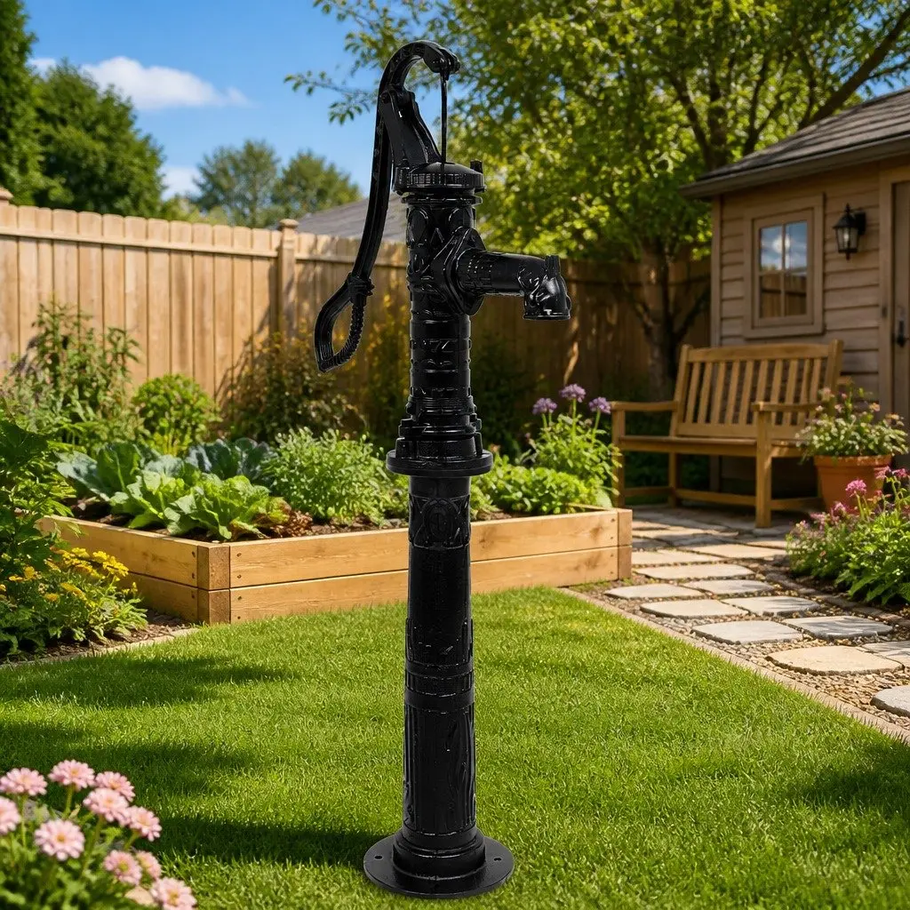 Hand Operated Garden Water Pump with Cast Iron Stand Black Well System