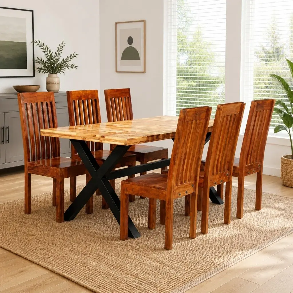 Dining Table Set Solid Acacia Mango Wood 7 Pieces Brown Kitchen Furniture