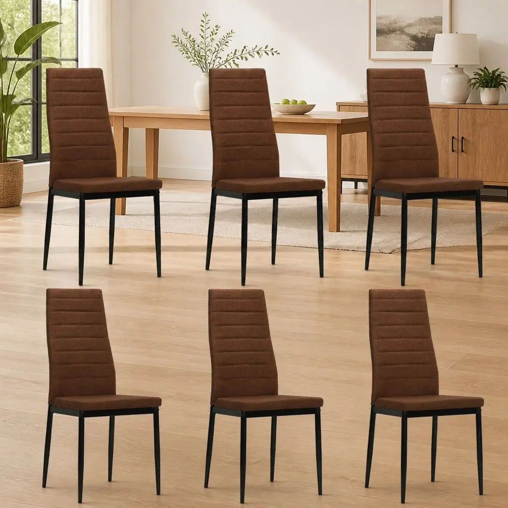 Padded Backrest Brown Fabric Dining Chairs Set 6 Pieces Kitchen Room Seats