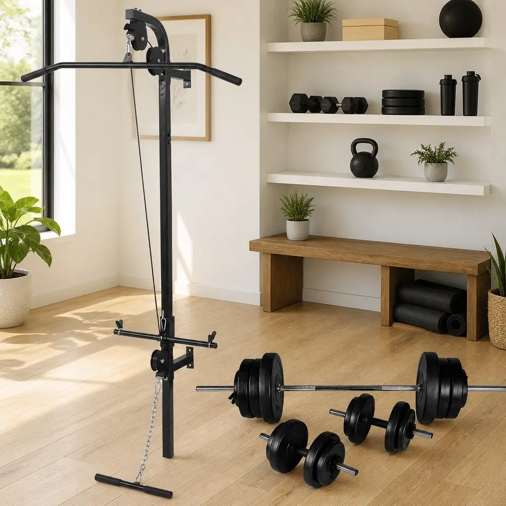 Wall-mounted Power Tower Fitness Machine with Dual Pulleys for Upper Body Training