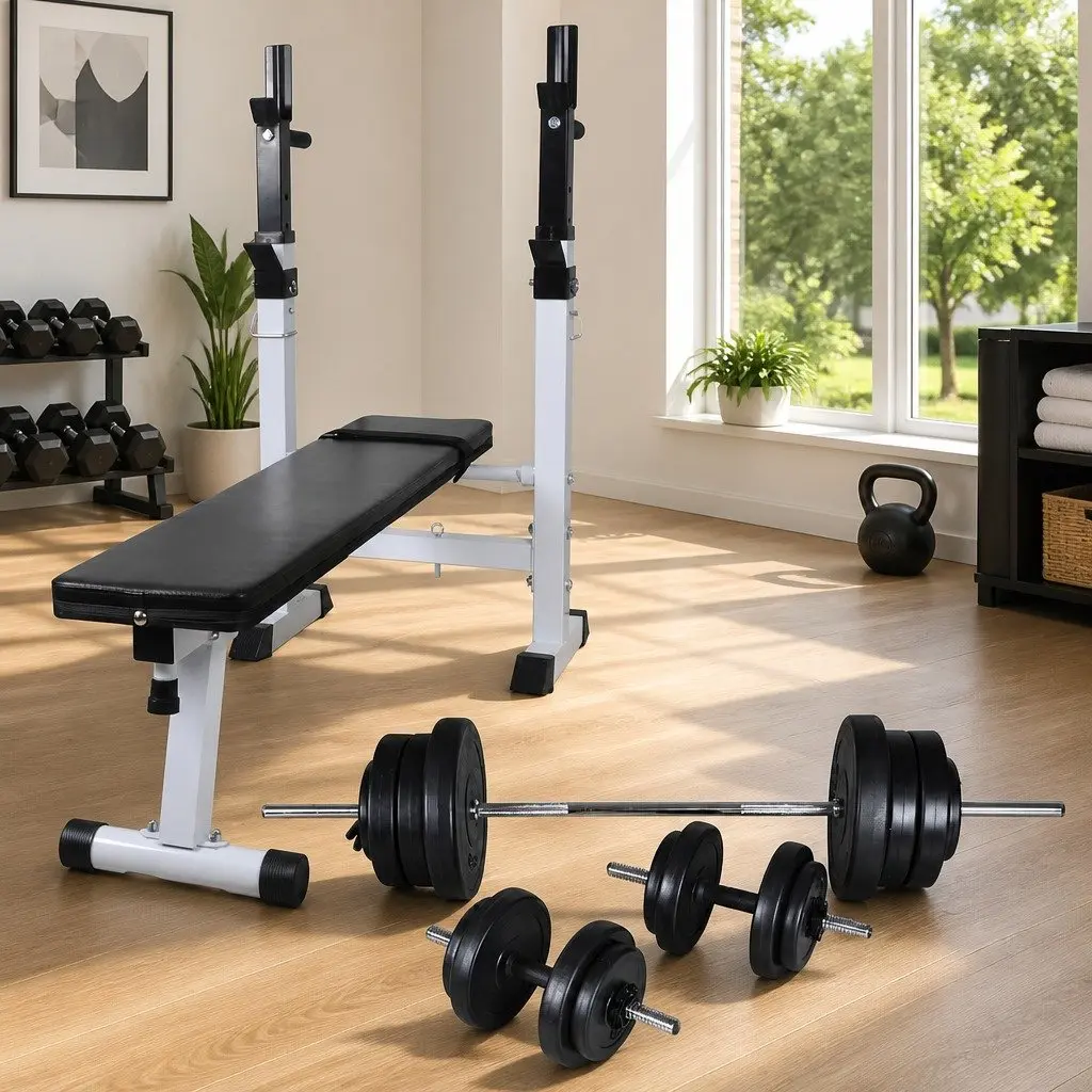 Adjustable Workout Bench with Integrated Weight Rack and Barbell Dumbbell Set for Home Gym