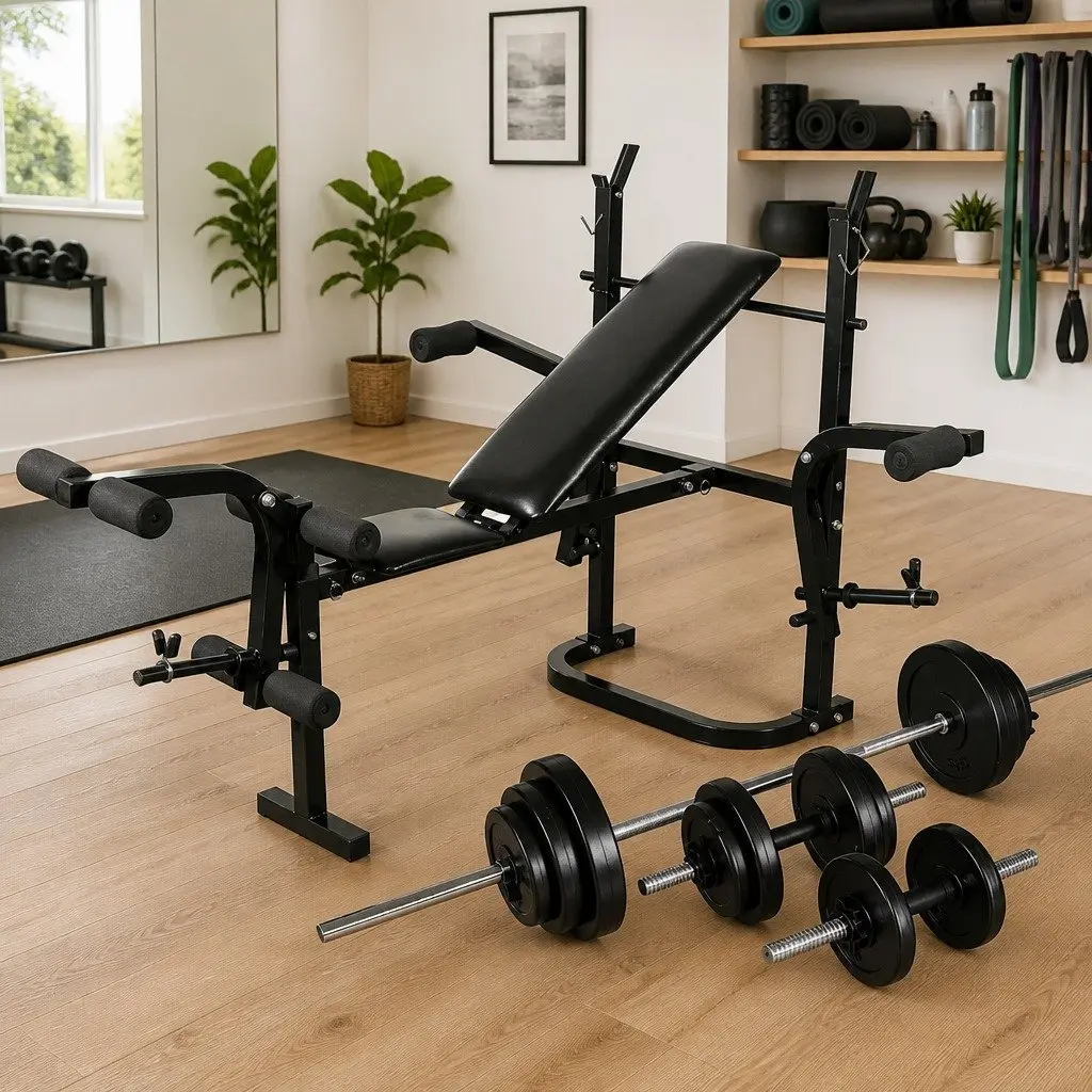 Weight Bench Folding Adjustable with Barbell Dumbbell Set 30.5kg for Home Gym Exercise Fitness