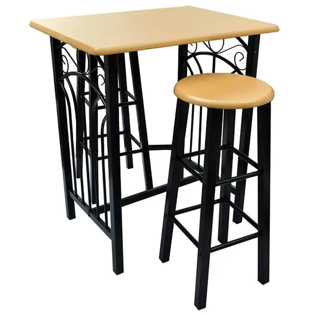 Bar Table and Stool Set 3 Pieces Kitchen Dining Furniture Brown Wood Steel
