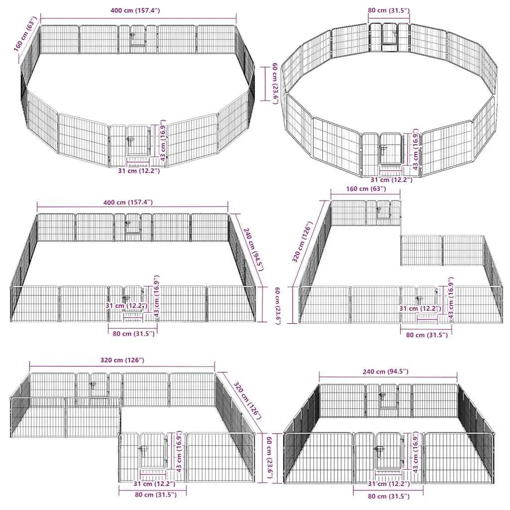 Dog Playpen 16 Panels Heavy-Duty Steel Outdoor Indoor Exercise Enclosure 60 x 80 cm