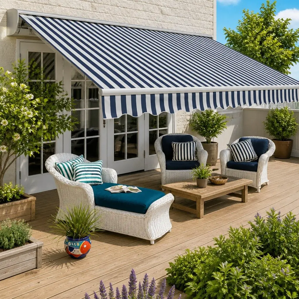 Folding Manual Awning Adjustable 300cm Blue White