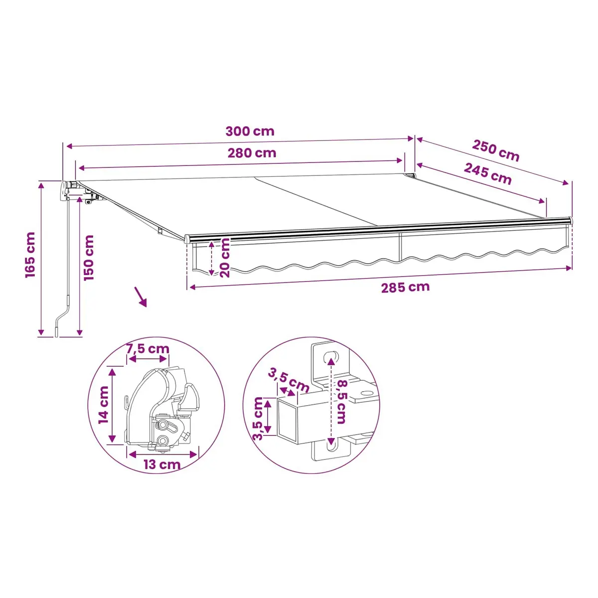 Folding Manual Awning Adjustable 300cm Blue White