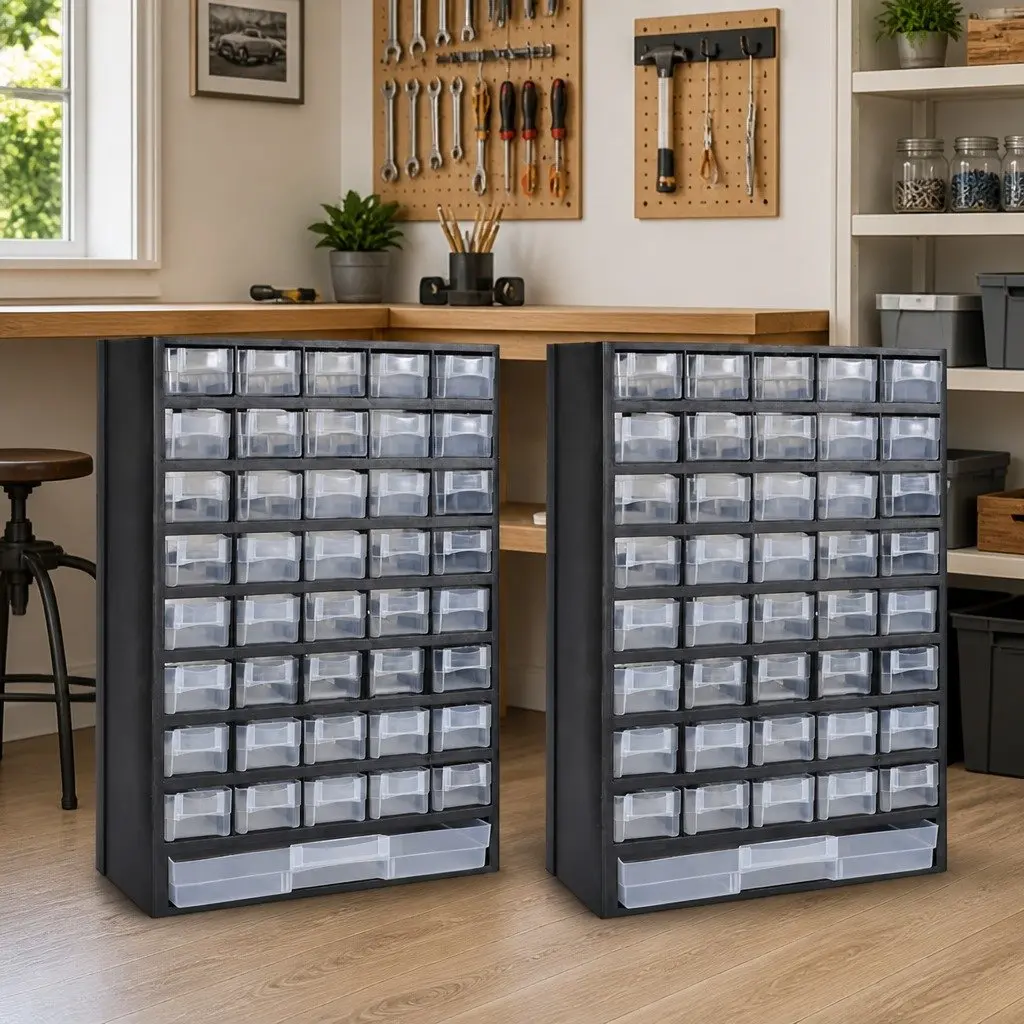 Plastic Tool Storage Cabinet Organizer 41 Drawers Black 2 Pieces