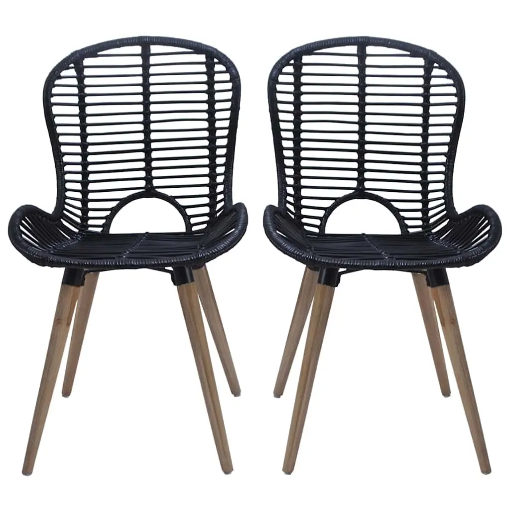 Natural Rattan Dining Chairs Set of 6 Black Kitchen Furniture with Wooden Legs