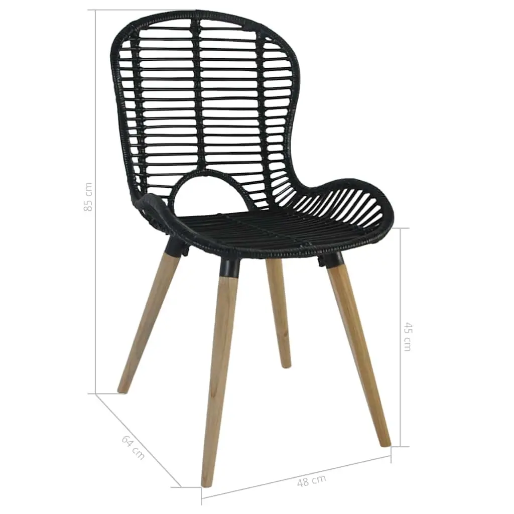 Natural Rattan Dining Chairs Set of 6 Black Kitchen Furniture with Wooden Legs