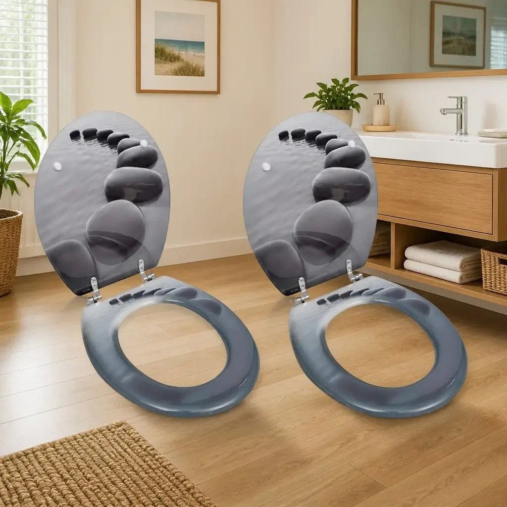 Toilet Seats with Lids Grey MDF Adjustable Hinges 2 Pack