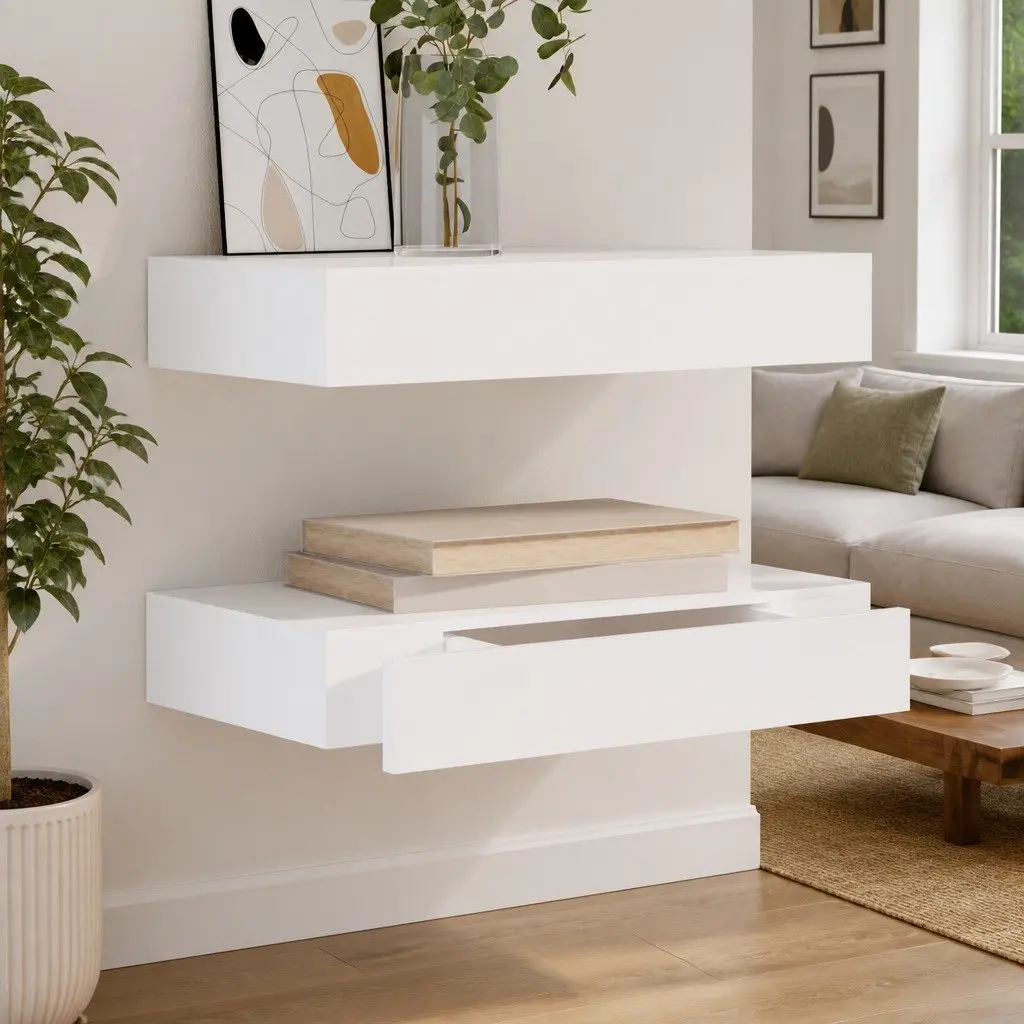 Floating Wall Shelves with Drawer Storage White 48cm Set of 2