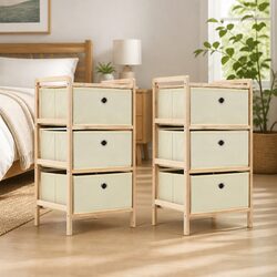Storage Rack with 3 Fabric Baskets Wooden Cabinet 2 Pack Beige Home Organiser
