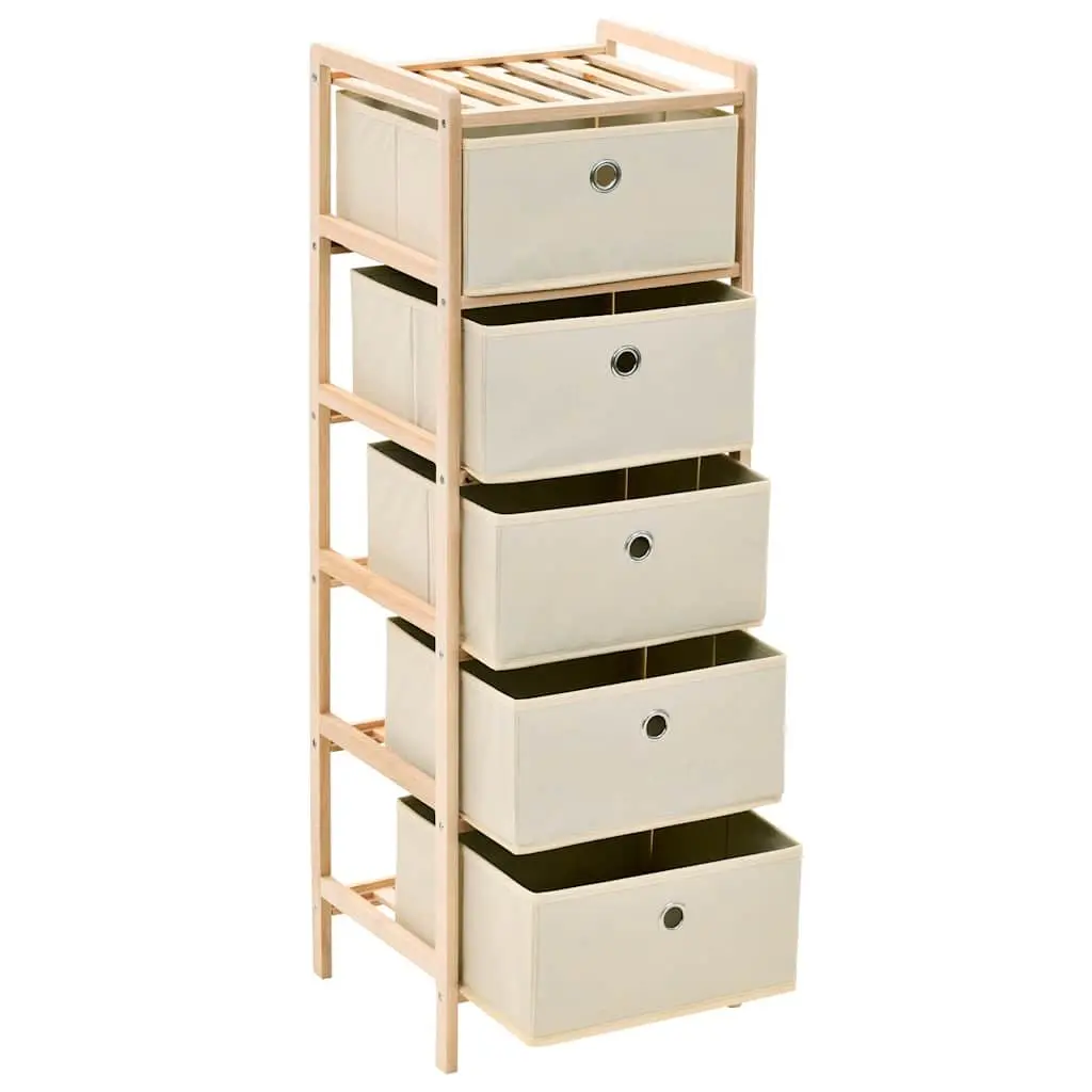 Storage Rack with 5 Fabric Baskets 2 Pack Beige Wooden Cabinet Organiser