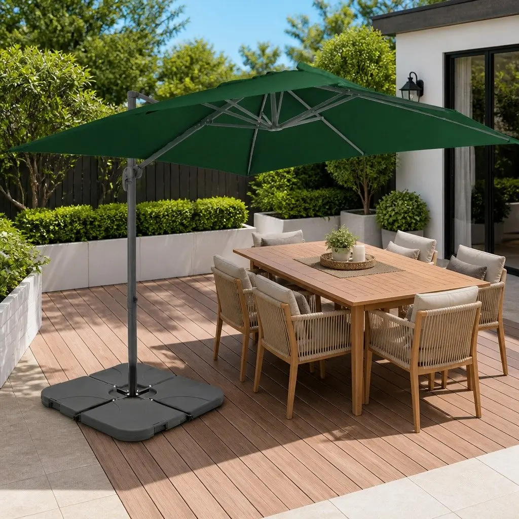 Garden Parasol Green UV-Resistant Outdoor Umbrella with Portable Base 360-Degree Rotation Adjustable Coverage