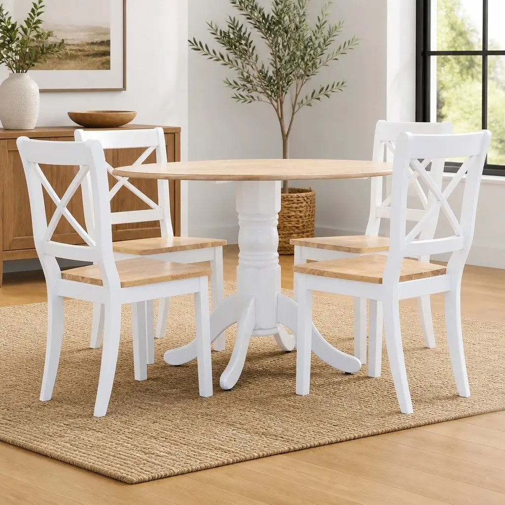 Dining Set White Solid Rubber Wood Kitchen Table 4 Chairs 5 Piece