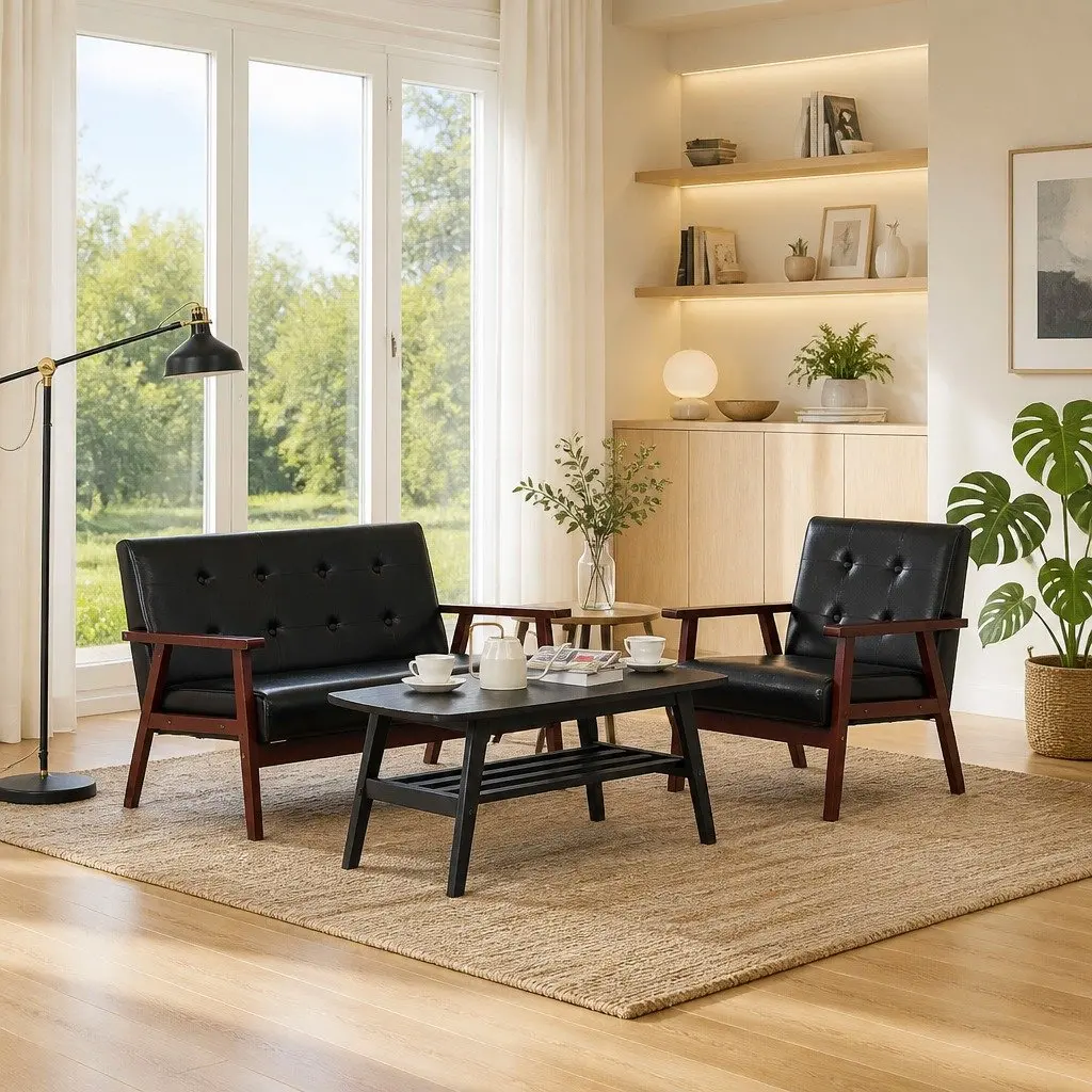 Sofa Set Faux Leather Black 2 Piece 2-Seater Lounge Couch Armchair
