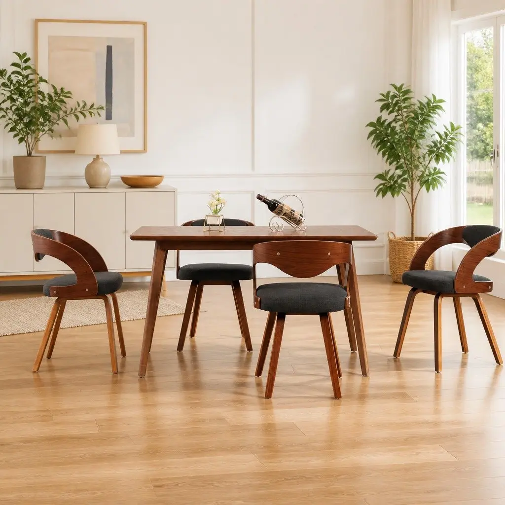 Dining Chairs Set Grey Bent Wood Frame Fabric Upholstered