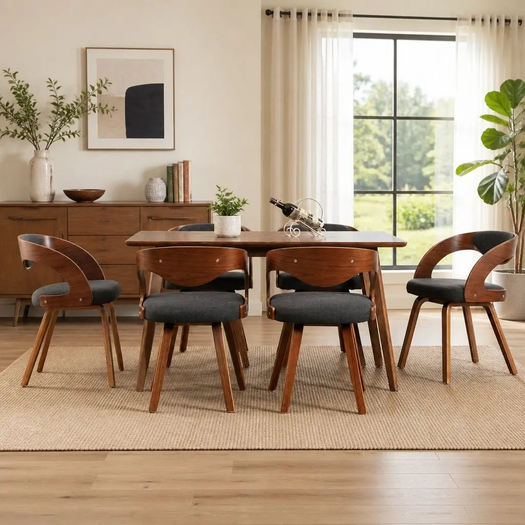 Dining Chairs Grey Fabric Upholstered Bent Wood Frame 6 Piece