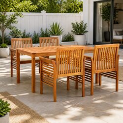 5 Piece Outdoor Dining Set Brown Solid Wood Acacia Table Chairs Cushions Patio