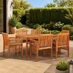 7 Piece Outdoor Dining Set Brown Solid Wood Acacia Table Chair Cushions Patio