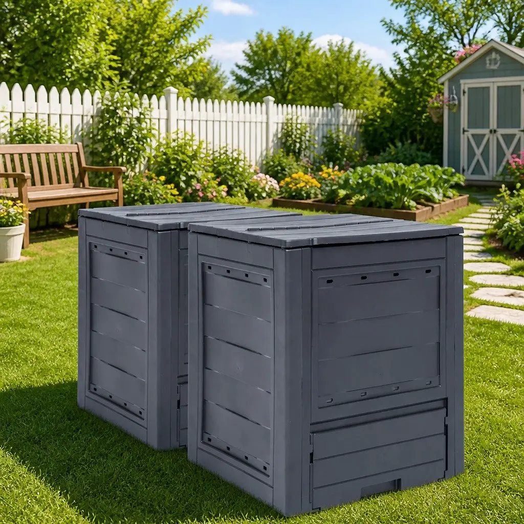 Garden Composters 2 Pack Grey 60x60x73cm Rattan Look Waste Bins Ventilation