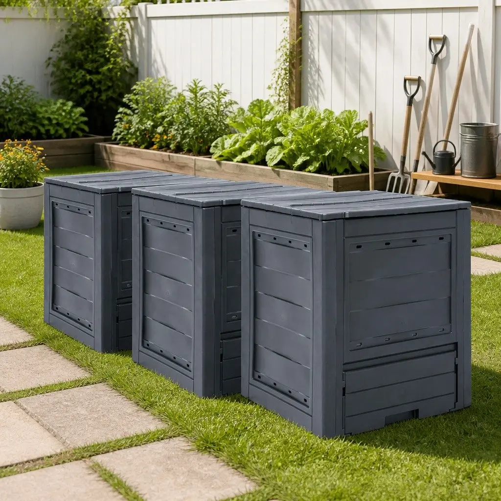 Garden Composters 3 Pcs Grey 60x60x73cm Waste Bins Outdoor Recycling Rattan Look
