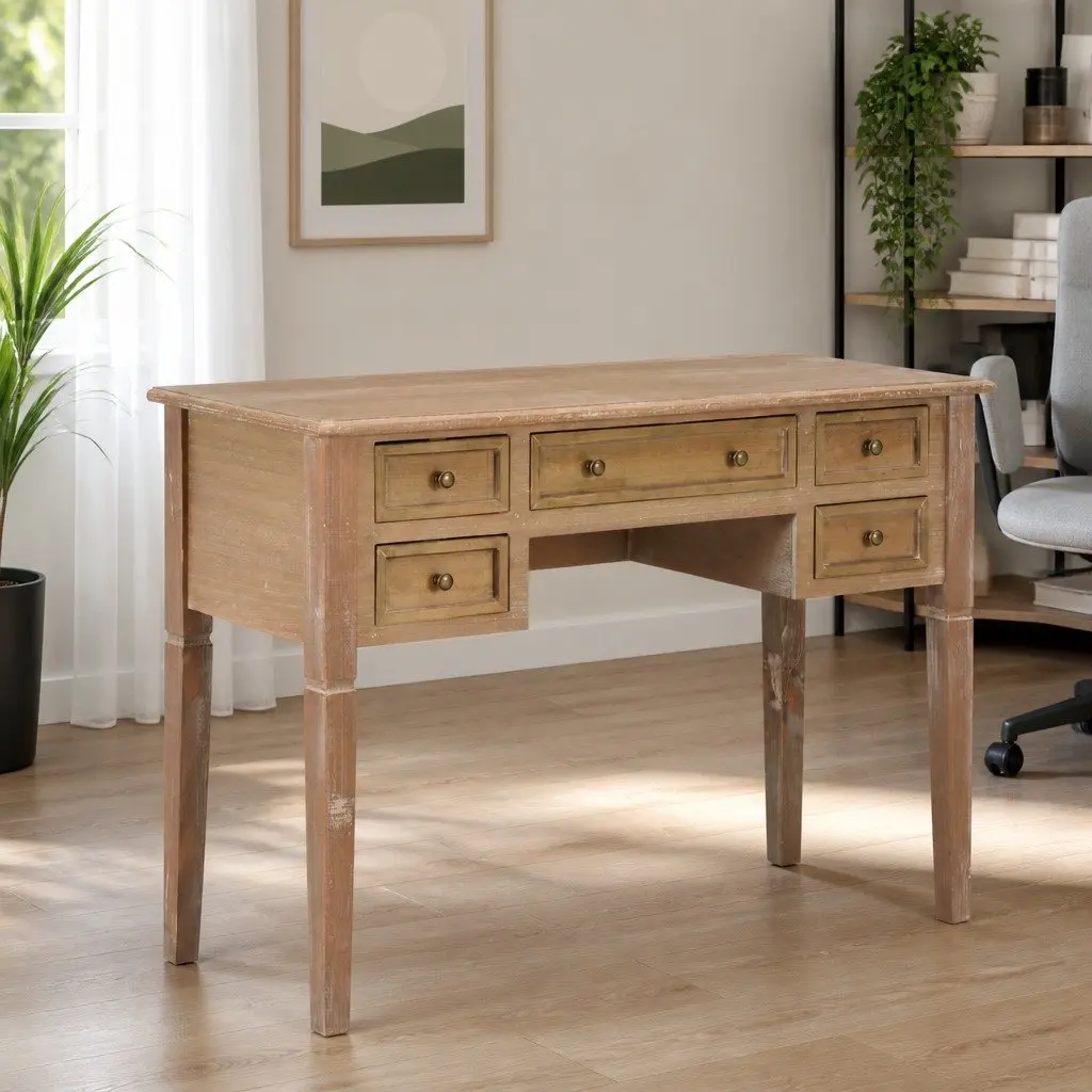 Writing Desk with Drawers Brown Wood Office Study Furniture Storage Desktop