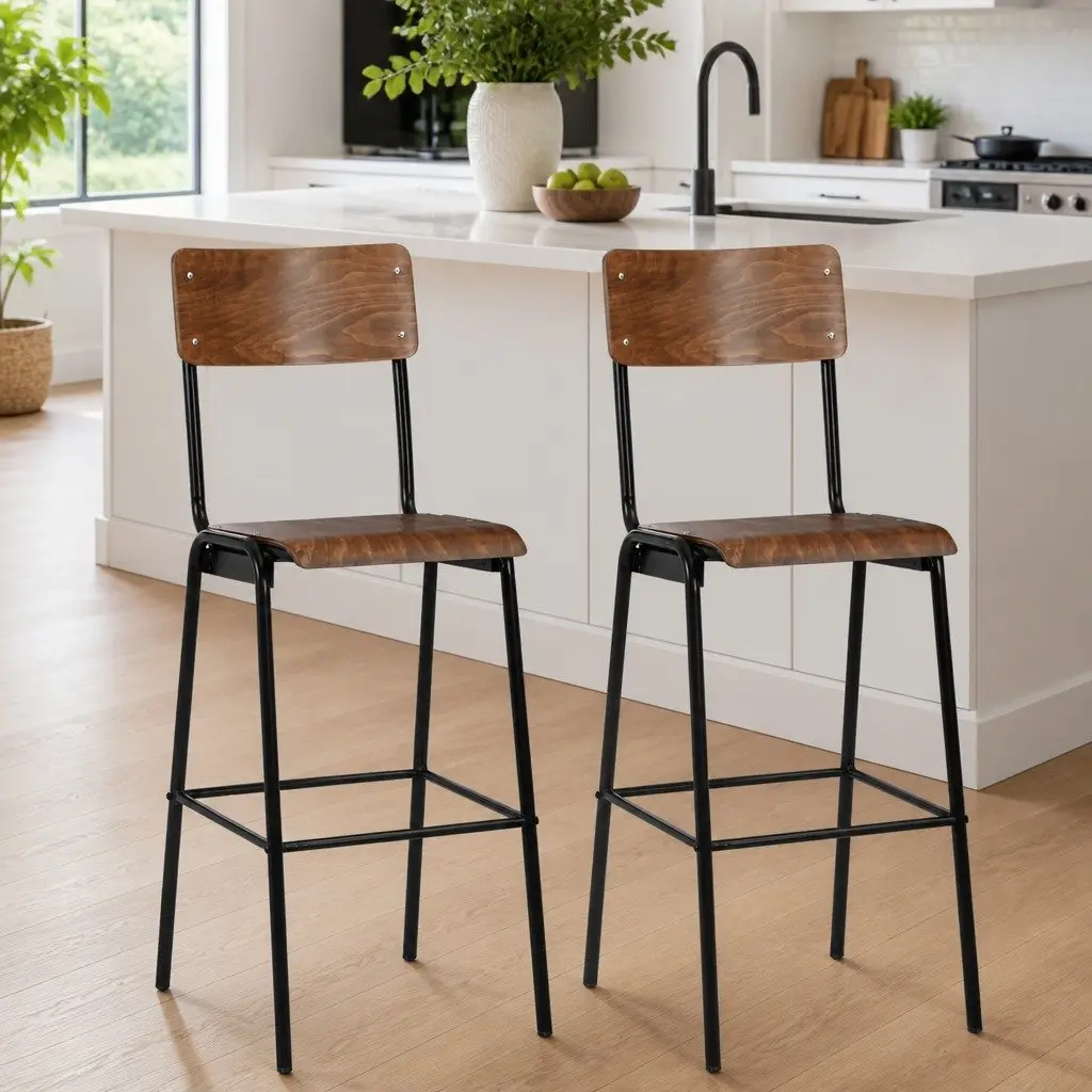 Bar Stools Set Stackable Brown Plywood Seat 2 Pieces