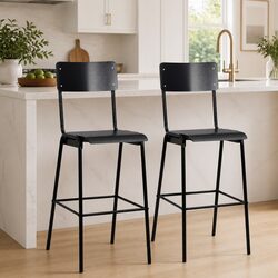 Bar Stools Set 2 pcs Black Plywood Seat Steel Legs Stackable Kitchen Dining