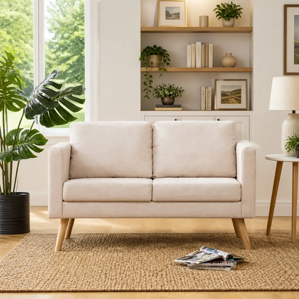 Cream Fabric Sofa 2-Seater Wooden Frame Thick Padded Cushions Living Room Couch