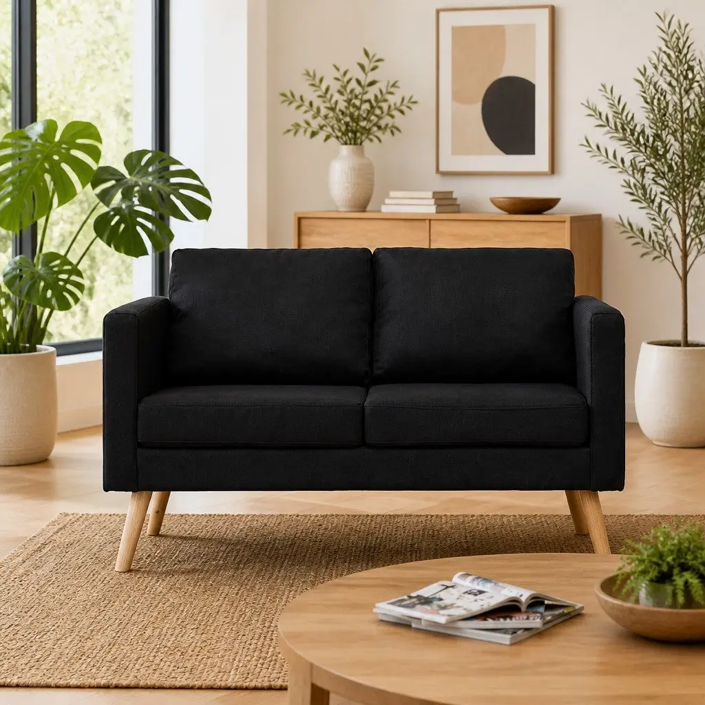 Black Fabric 2-Seater Sofa Couch with Padded Cushions and Removable Covers for Living Room