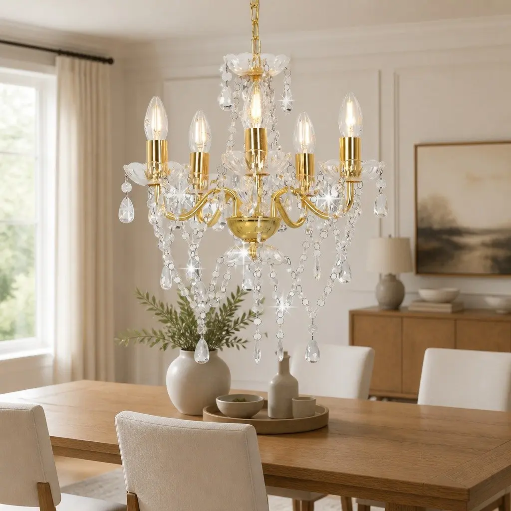 Chandelier with Crystal Beads 5 Arm Round Frame