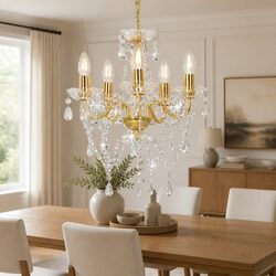 Golden Chandelier with Crystal Beads 5 x E14 Round Hanging Ceiling Lamp