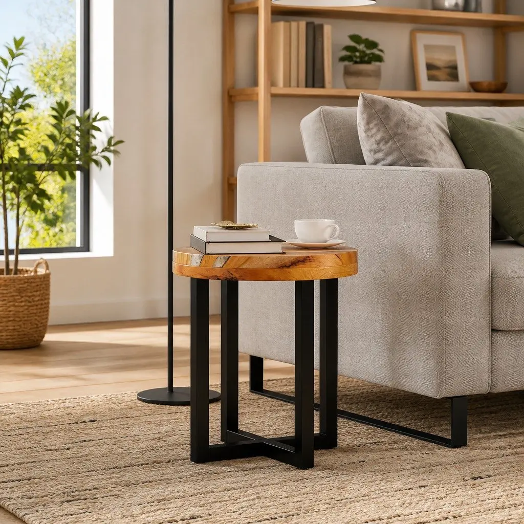 Coffee Table 40x45cm Round Solid Teak Wood Mango Wood Polyresin Side Table