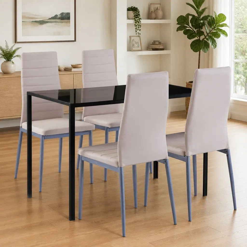 Dining Table Set Modern Glass Top 5 Piece Beige