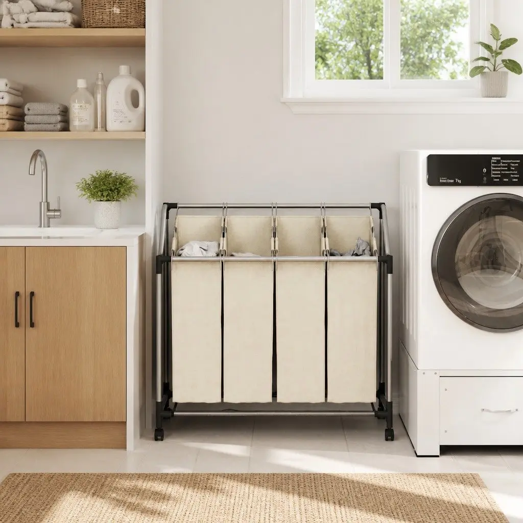 Laundry Sorter 4 Bags Cream Steel Frame Wheels Handles Dirty Clothes Organizer