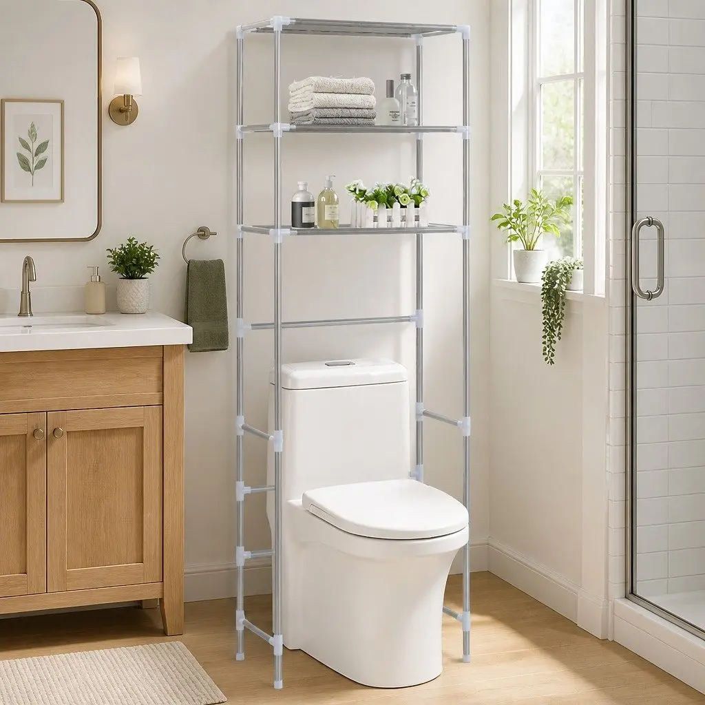 Over Toilet Storage Rack 3-Tier Bathroom Organiser Shelf Silver Space Saver