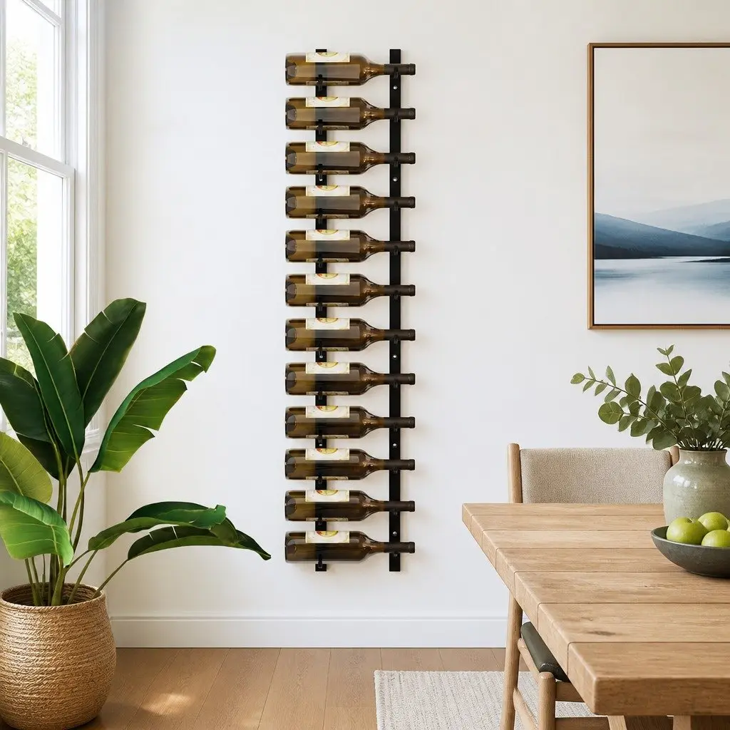 Wall Mounted Wine Rack 12 Bottle Storage Black Iron Modern Home Décor Organiser