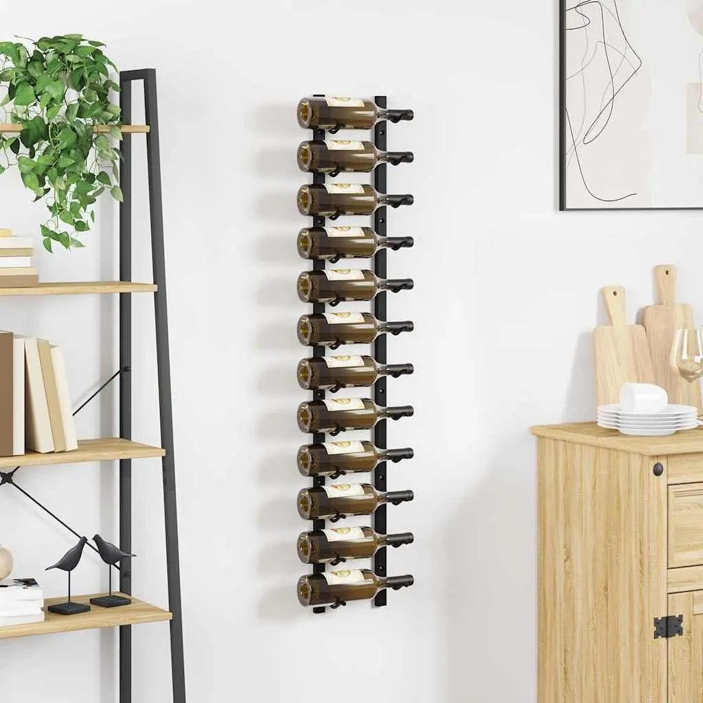 Wall Mounted Wine Rack 12 Bottle Storage Black Iron Modern Home Décor Organiser