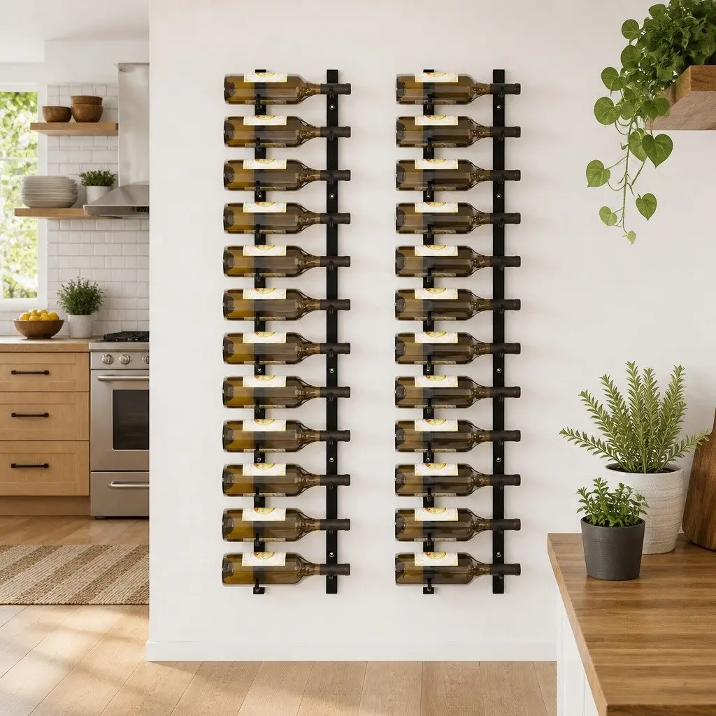 Wall Mounted Wine Rack Modern Black Iron Storage 12 Bottles Set of 2
