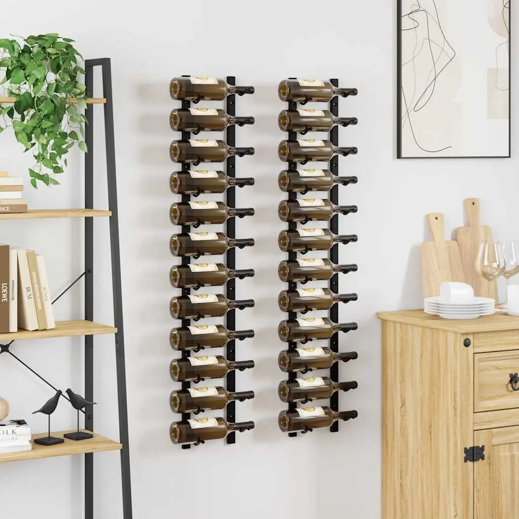 Wall Mounted Wine Rack Modern Black Iron Storage 12 Bottles Set of 2